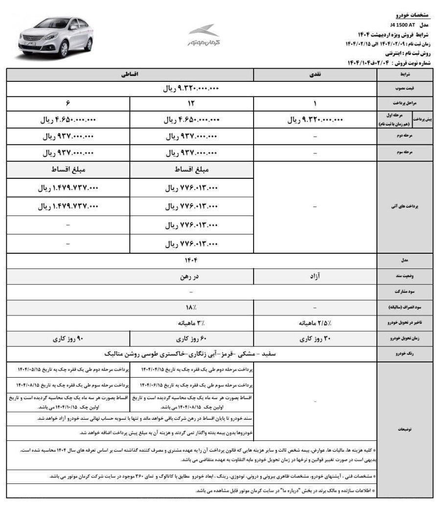 شرایط نقدی و اقساط Kerman Motor+ جدول