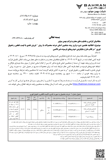 مرحله هفتم تکمیل پرداخت برگزیدگان اصلی طرح فروش نقدی با قیمت قطعی در سه طرح