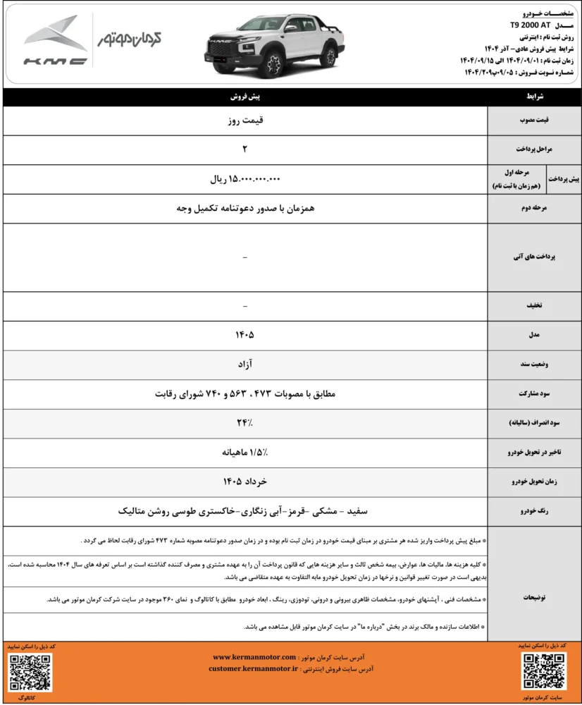 پیش فروش چهار محصول کرمان موتور - آذر 1404