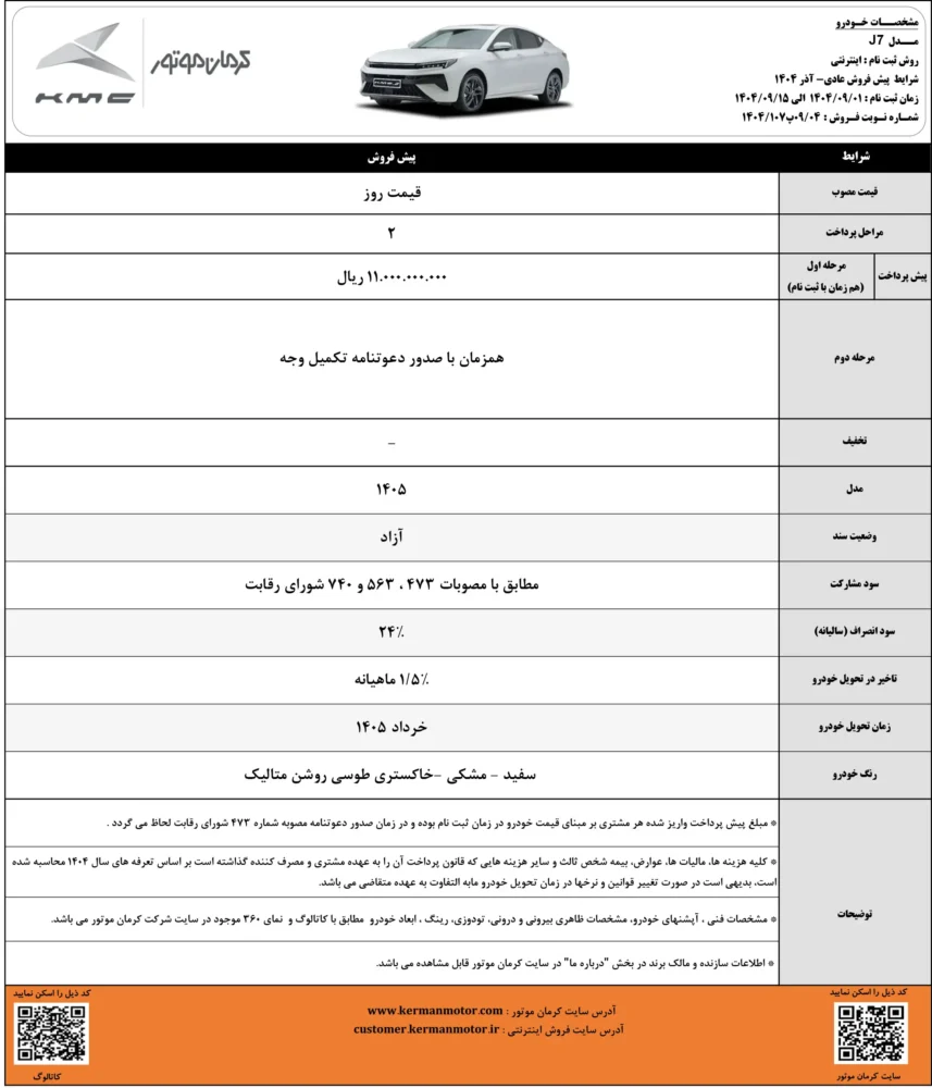 پیش فروش چهار محصول کرمان موتور - آذر 1404