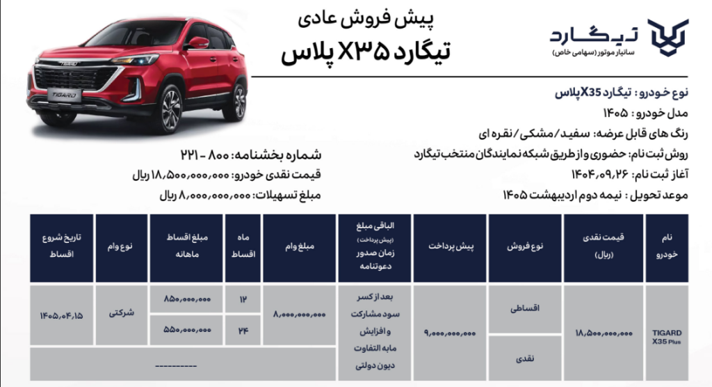 شرایط فروش تیگارد X35