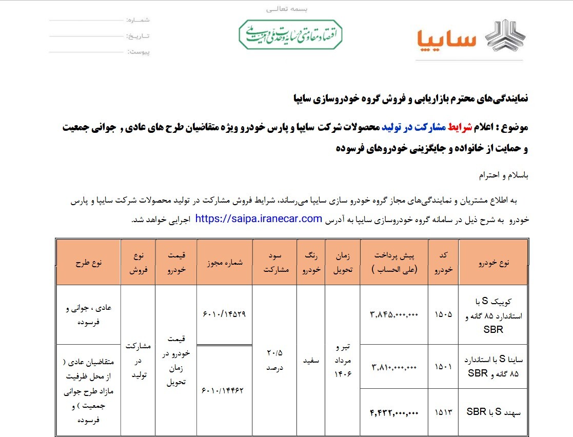 تکمیل /// طرح فروش مشارکت در تولید محصولات سایپا و پارس خودرو از 18 خرداد.